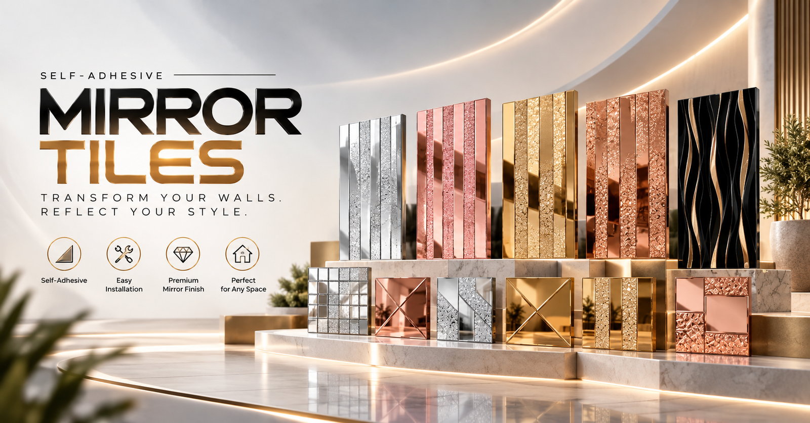 Designer self-adhesive mirror tiles