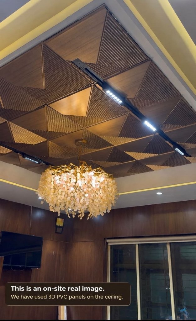 On-site real image: 3D PVC geometric panels on luxury ceiling