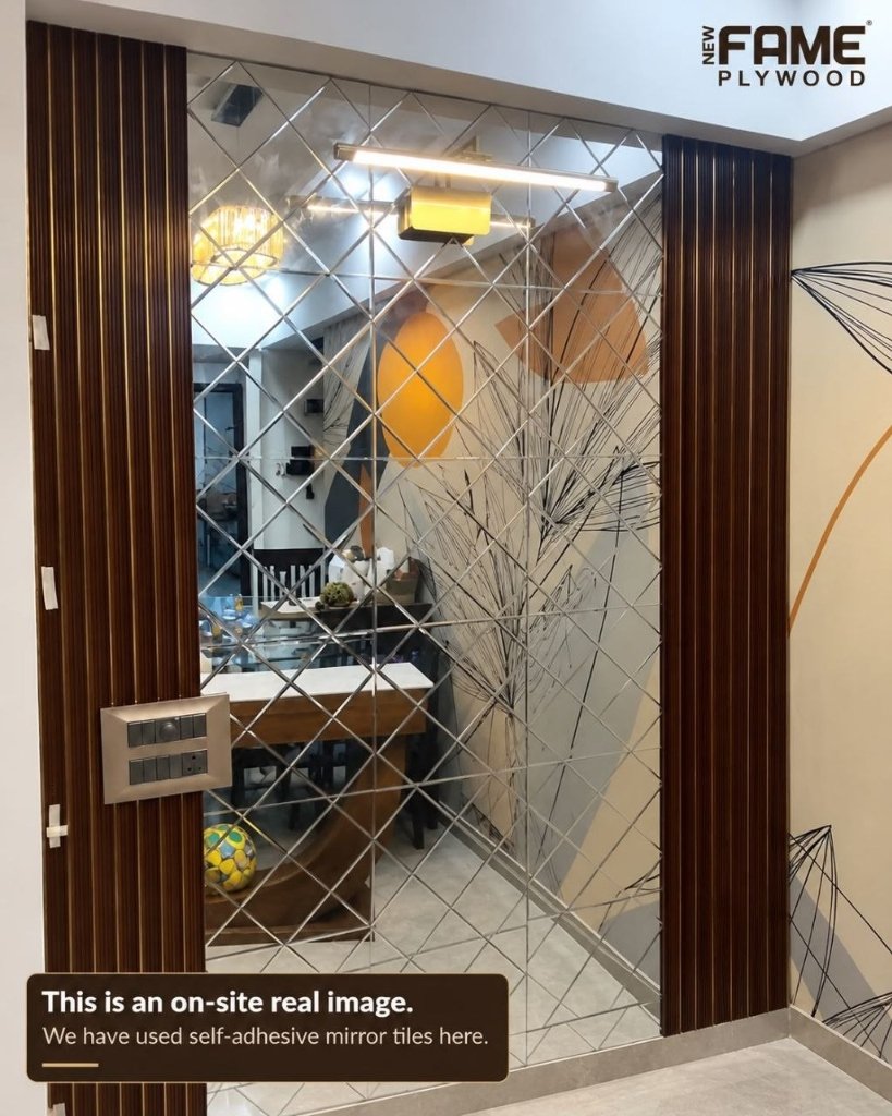On-site real image: Self-adhesive mirror tiles entryway accent wall