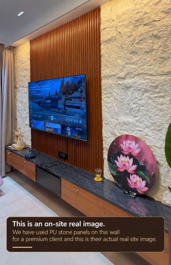 On-site real image: PU stone panels with fluted wood slats TV feature wall