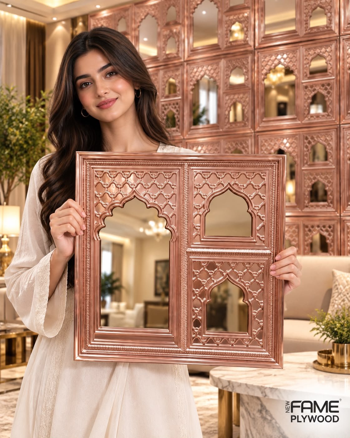 3D PVC Panel #26 Jharokha – Metallic Rose Gold with Mirror | 20" × 20" | Non-Self-Adhesive