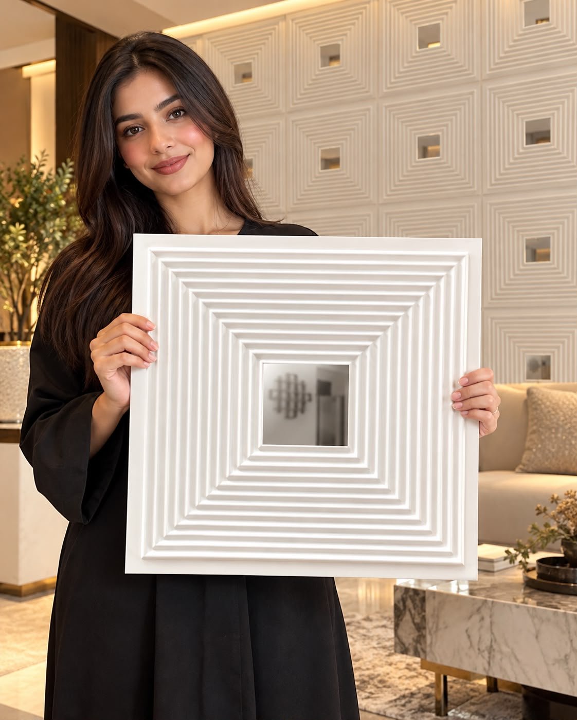 3D PVC Wall Panel – White Square Design with Acrylic Mirror | 20" × 20" | Self-Adhesive