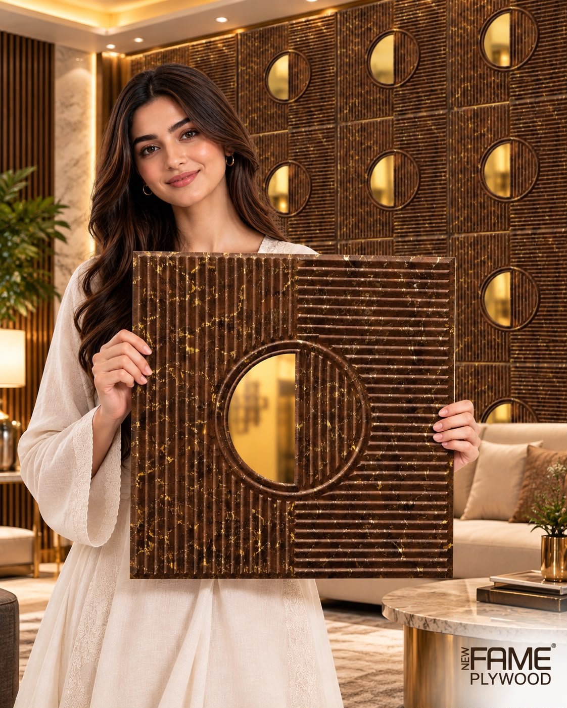 3D PVC Wall Panel – Metallic Bronze with Gold Flecks & Circular Mirror | 20" × 20" | Self-Adhesive