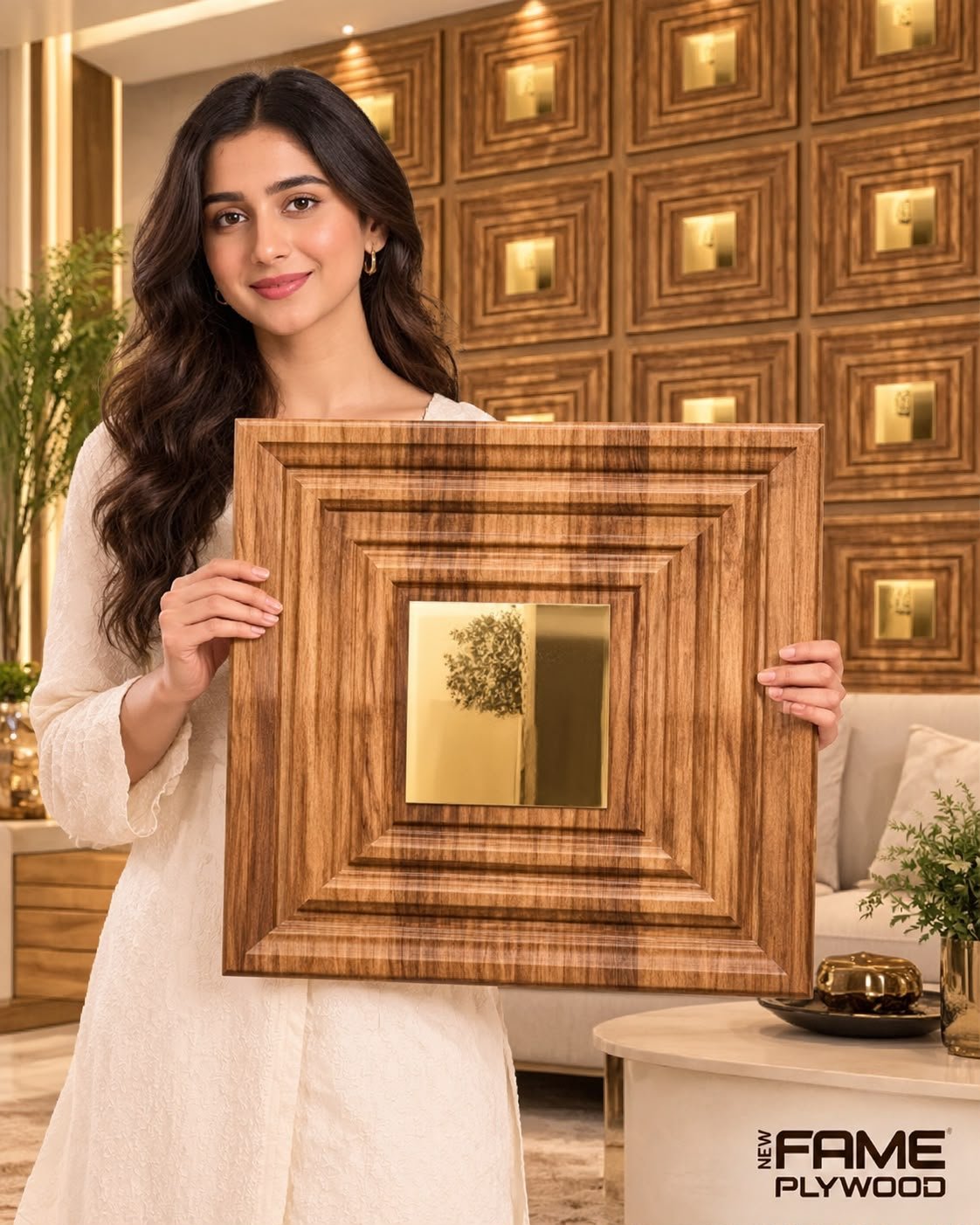 3D PVC Wall Panel – Beech Wood with Golden Acrylic Mirror | 20" × 20" | Non-Self-Adhesive