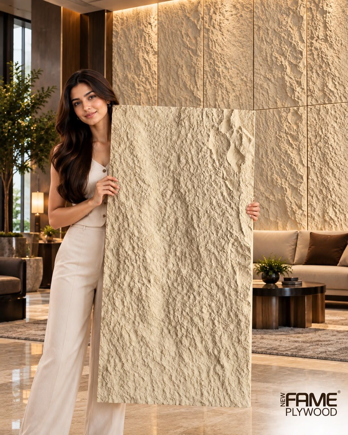 NEW FAME PLYWOOD Cream Beige PU Stone Wall Panel – 4 ft x 2 ft, 35 mm Thick
