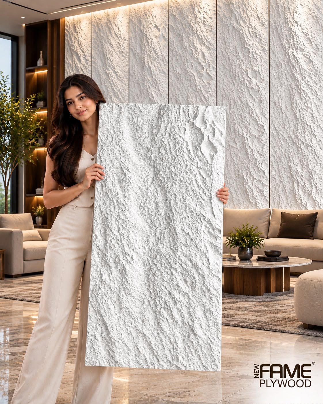NEW FAME PLYWOOD White PU Stone Wall Panel – 4 ft x 2 ft, 35 mm Thick