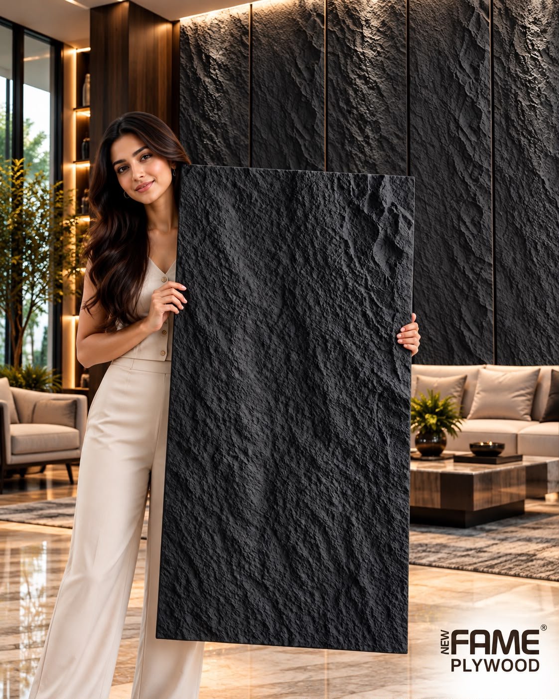 NEW FAME PLYWOOD Black PU Stone Wall Panel – 4 ft x 2 ft, 35 mm Thick