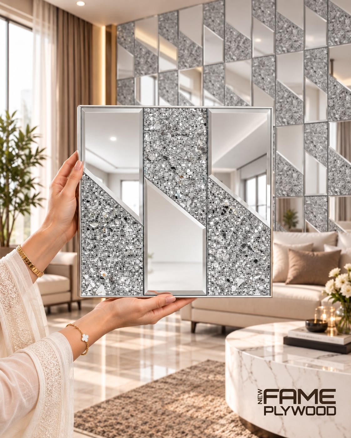 Silver Geometric Mosaic Self-Adhesive Mirror Tile – 1 ft × 1 ft