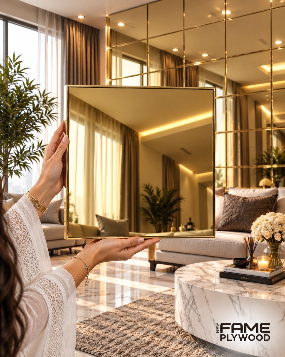 Gold Plain Self-Adhesive Mirror Tile – 1 ft × 1 ft