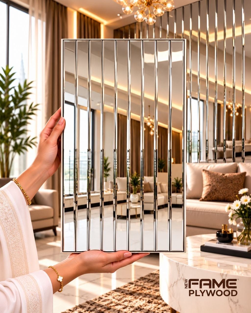 Silver Self-Adhesive Mirror Tile with Vertical Strips – 2 ft × 1 ft
