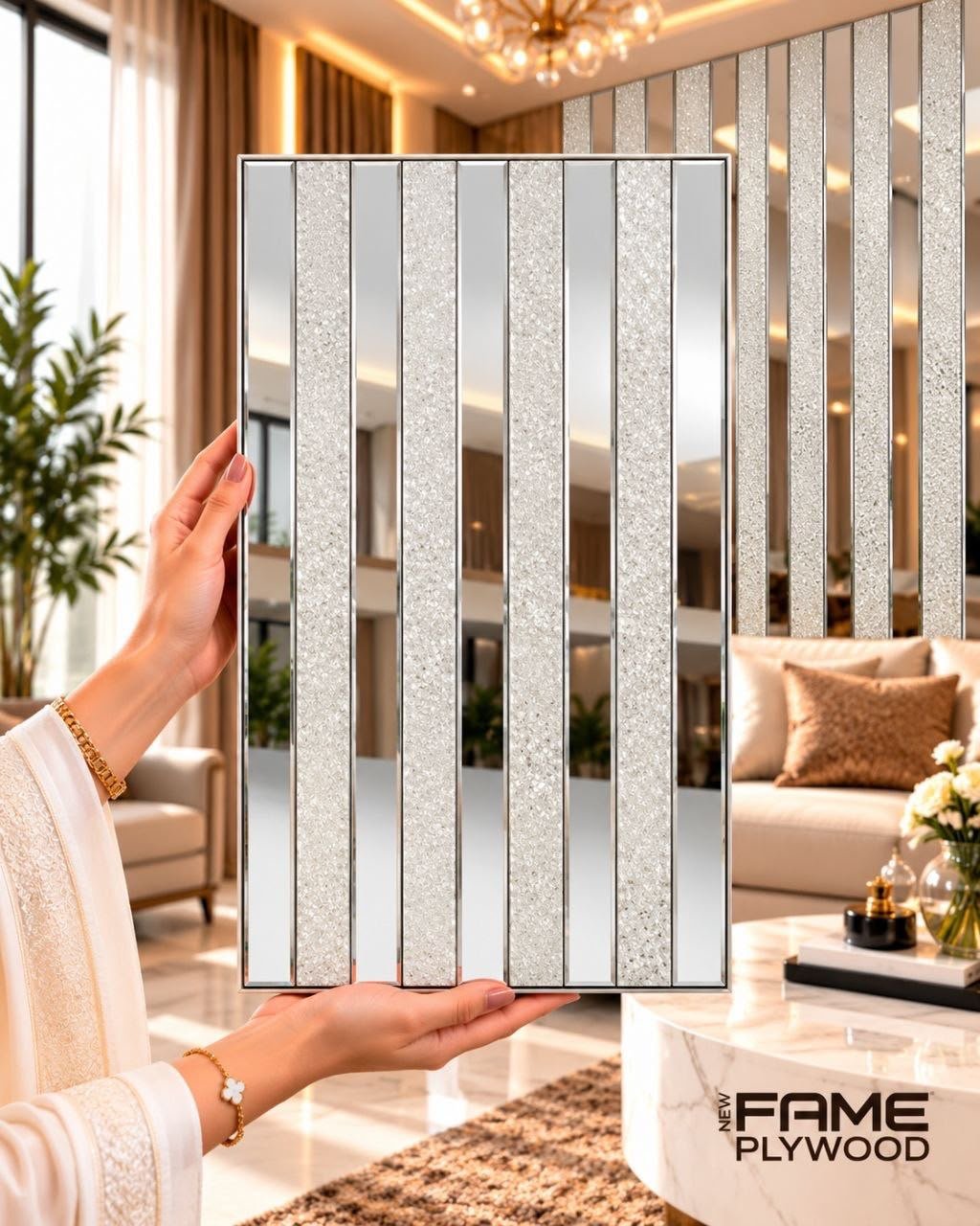 Silver Textured Vertical Strip Self-Adhesive Mirror Tile – 2 ft × 1 ft