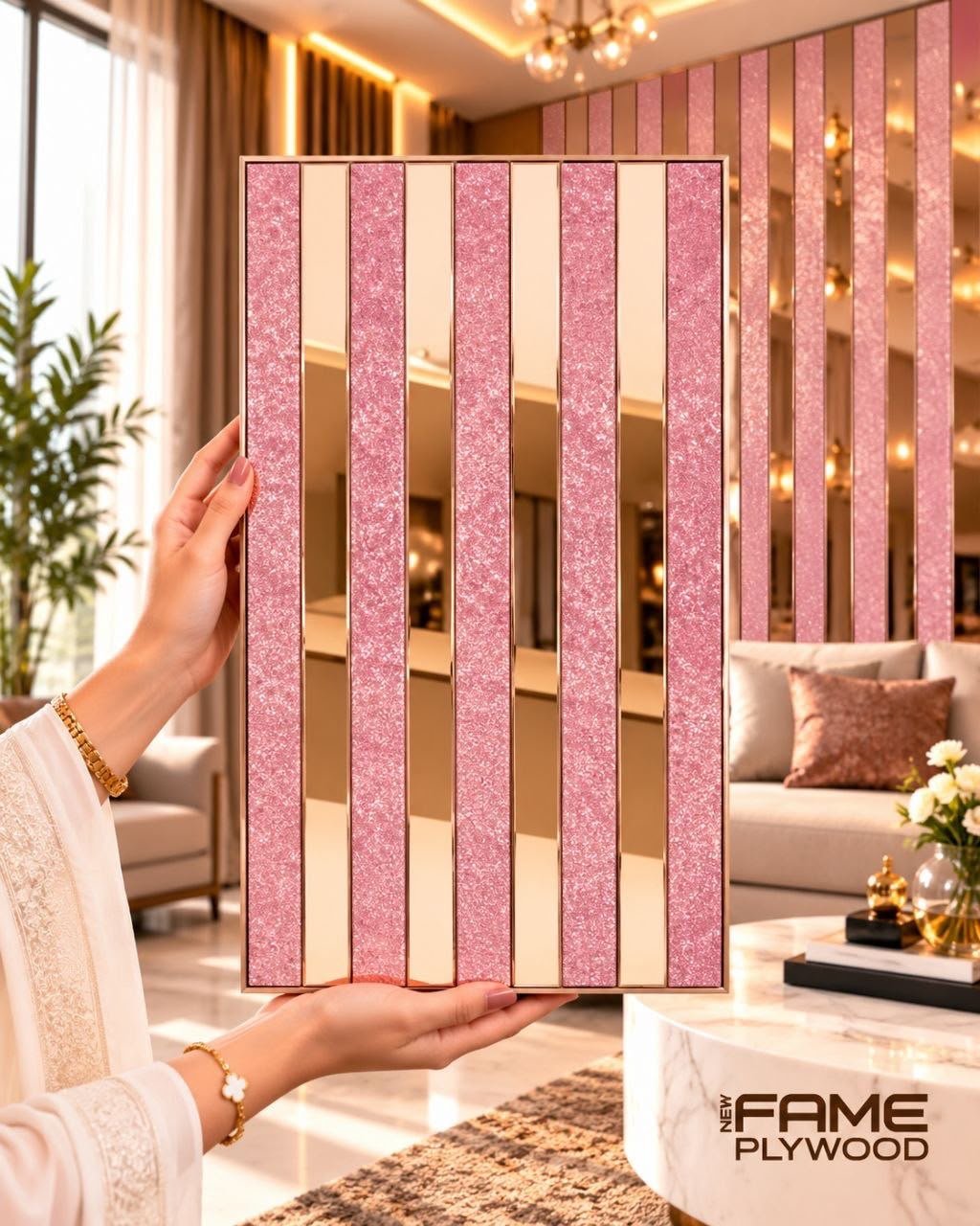 Pink Textured Strip Self-Adhesive Mirror Tile – 2 FT × 1 FT