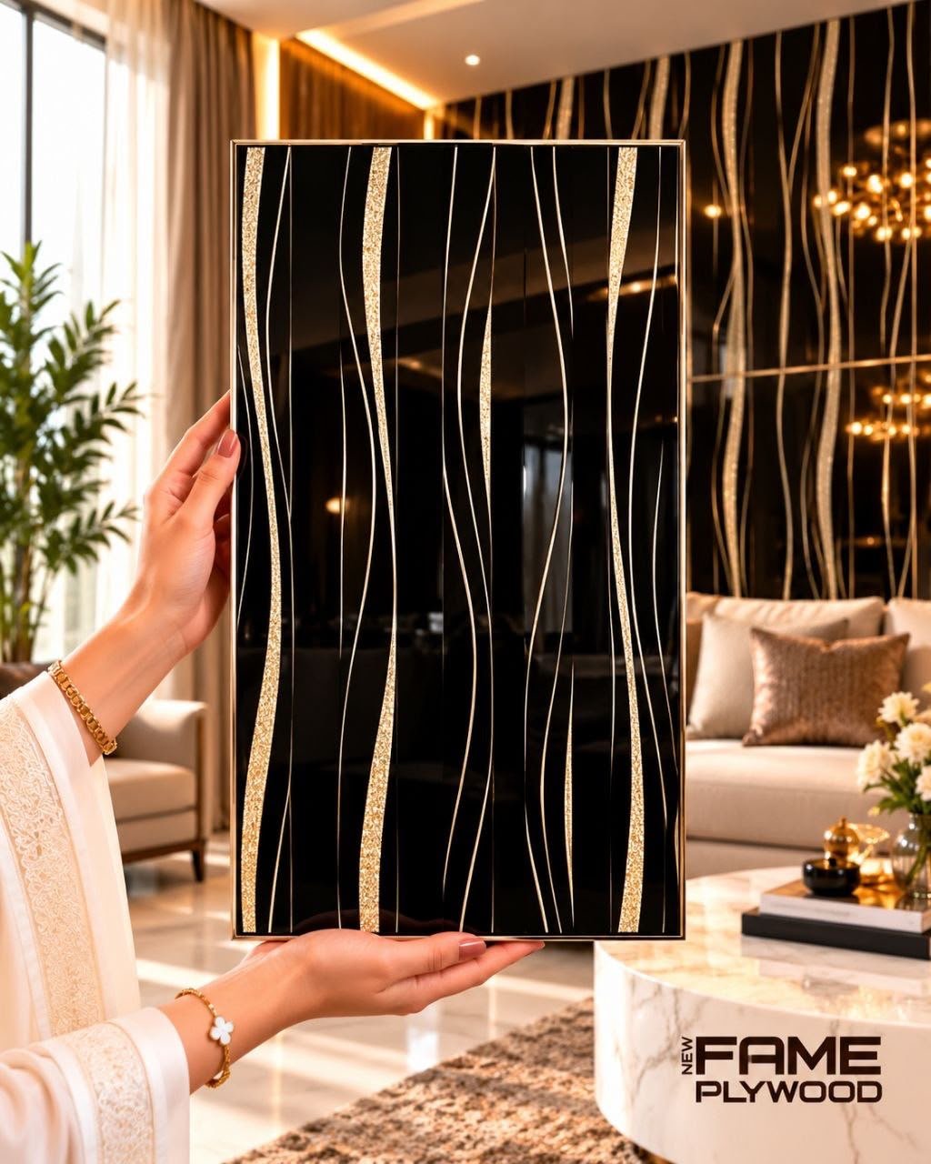 Black & Gold Wavy Self-Adhesive Mirror Tile – 2 FT × 1 FT
